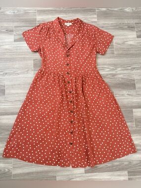 Indigo Rose Terracotta Polka Dot Button-up Collared Midi Dress
